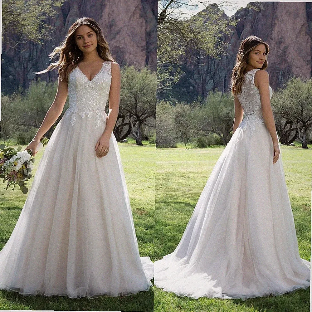 Damen A‑Linie Tüll Brautkleid V‑Ausschnitt Lang Standesamt‑Hochzeitskleid