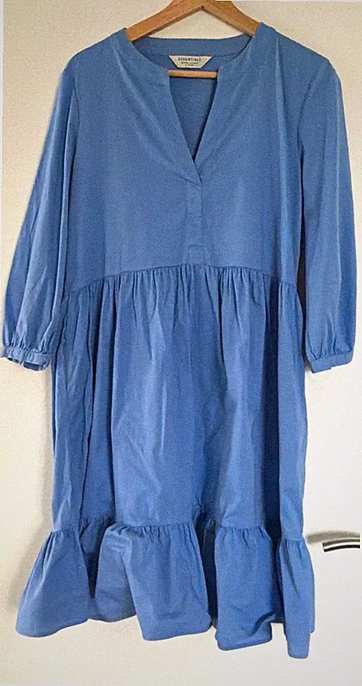 Damen A-Linien-Kleid blau Gr. 38 kurz V-Ausschnitt 3/4-Ärmel Rüschen