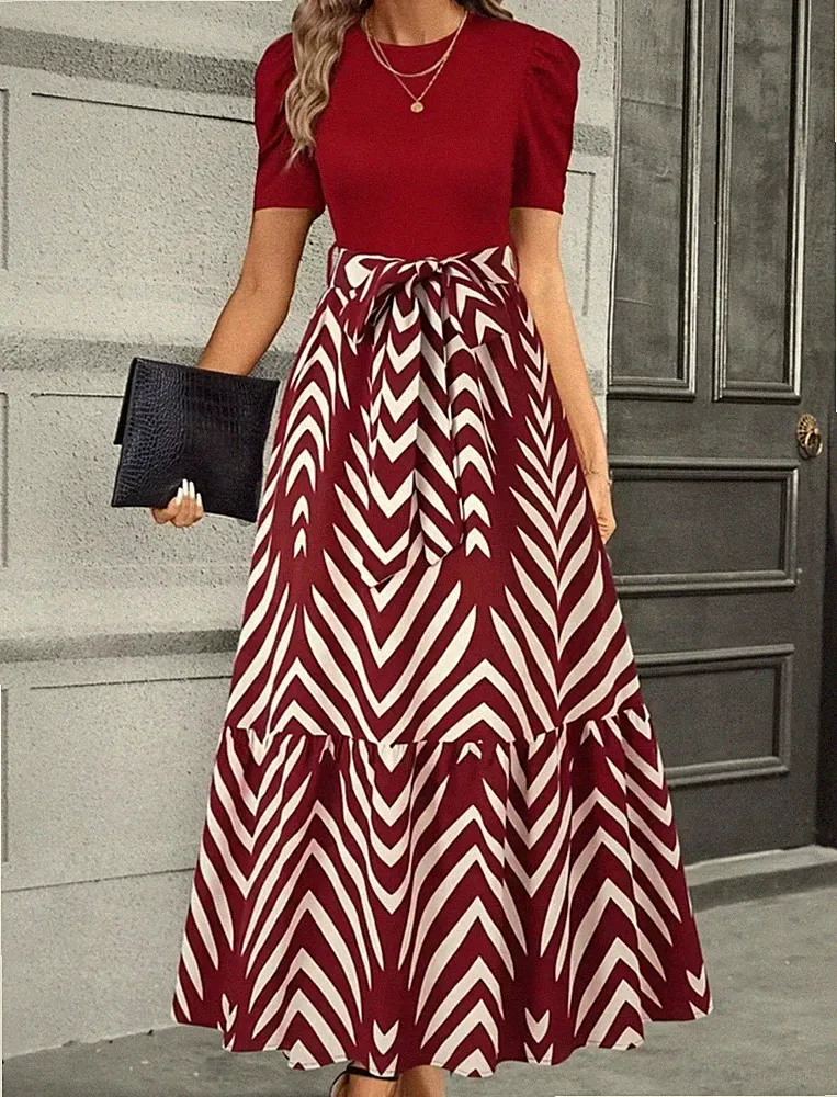Damen A-Linien-Kleid Bordeauxrot Weiß Chevron Muster Schleife Kurzarm Lang M