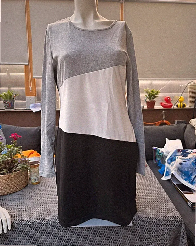 Damen A-Linien Kleid Gr. L kurz Farbblock Schwarz Grau Weiß Langarm Rundhals
