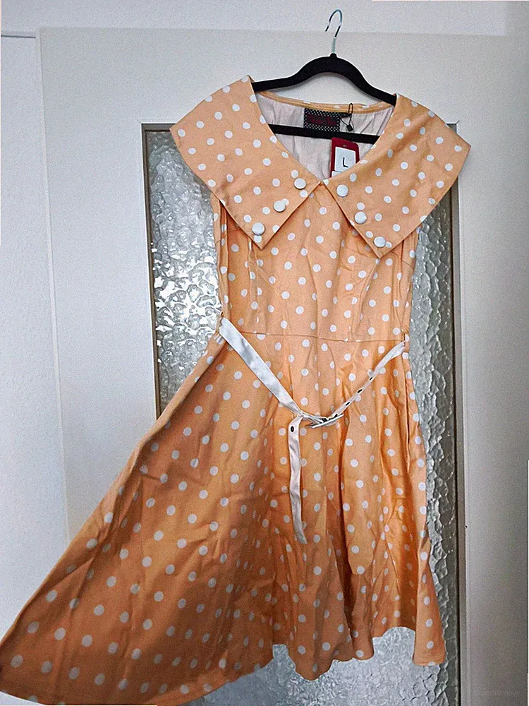 Damen A-Linien Kleid kurz ärmellos Kragen gepunktet beige/weiß Gürtel Gr. L