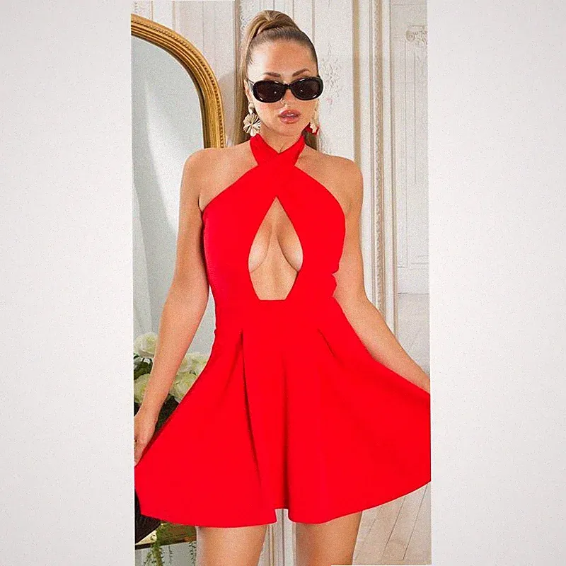 Damen A-Linien Kleid kurz mit tiefem Ausschnitt Rot #MK3144