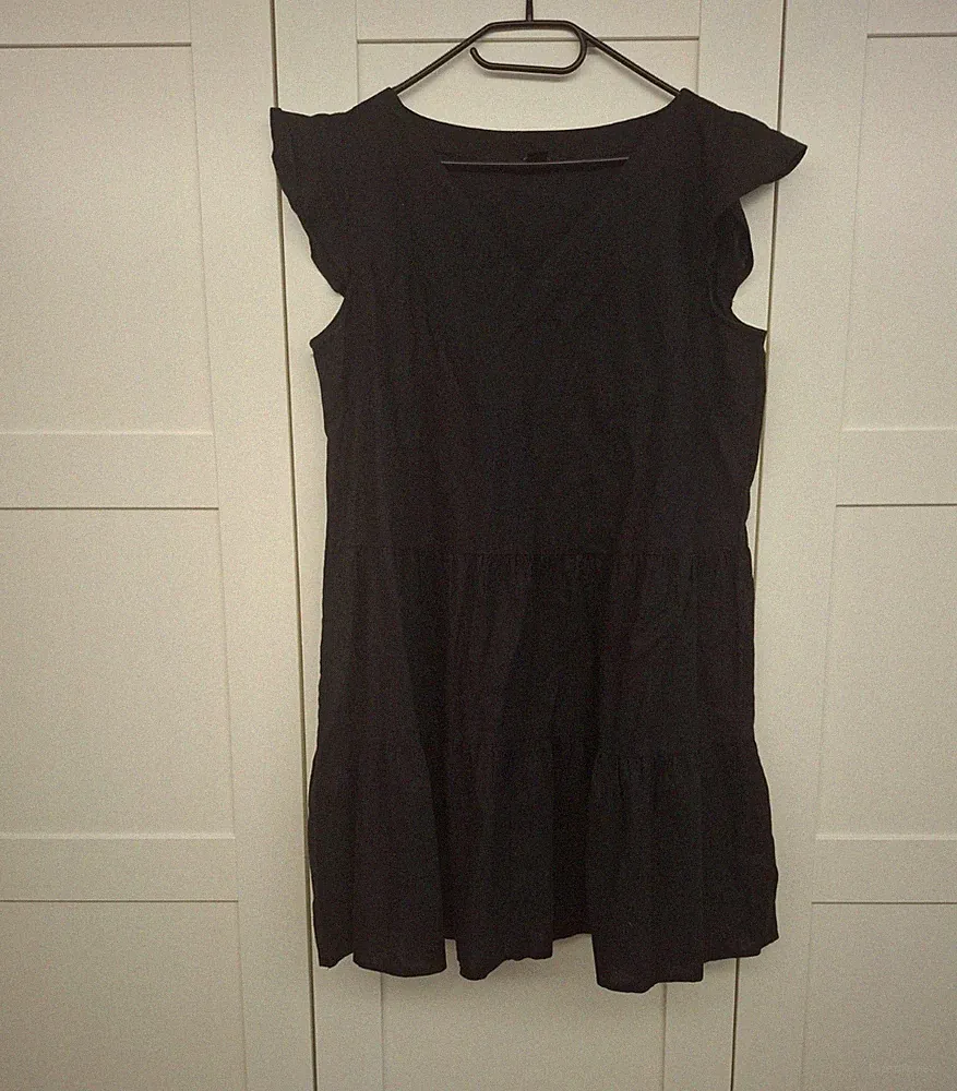 Damen A-Linien Kleid kurz schwarz unifarben V-Ausschnitt Flügelärmel Gr. 40