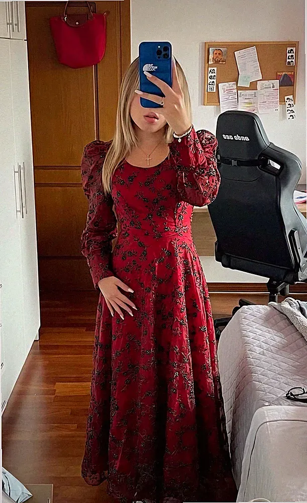 Damen A-Linien-Kleid lang S/M Rot/Schwarz Blumen Langarm Puffärmel RV