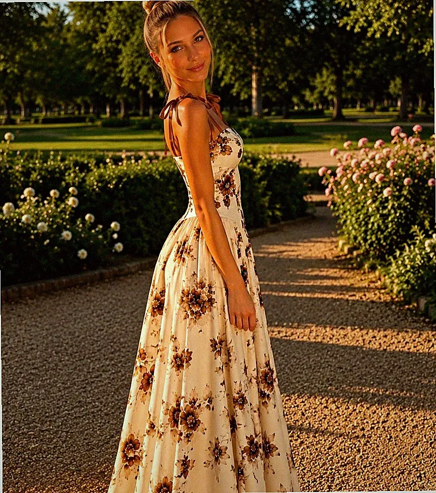 Damen A-Linien-Kleid Midi ärmellos Herzausschnitt Beige/Braun Blumen S