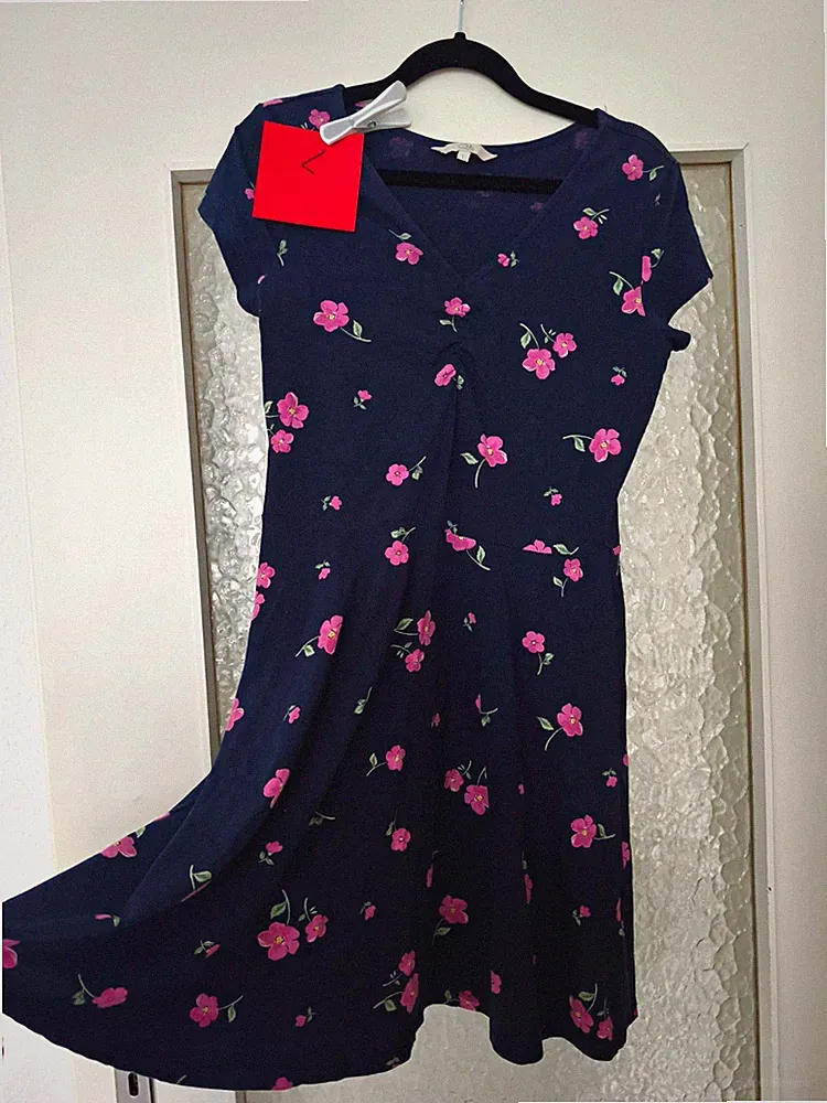 Damen A-Linien Kleid Midi blau/rosa Blumenmuster Rundhals Kurzarm Gr. L