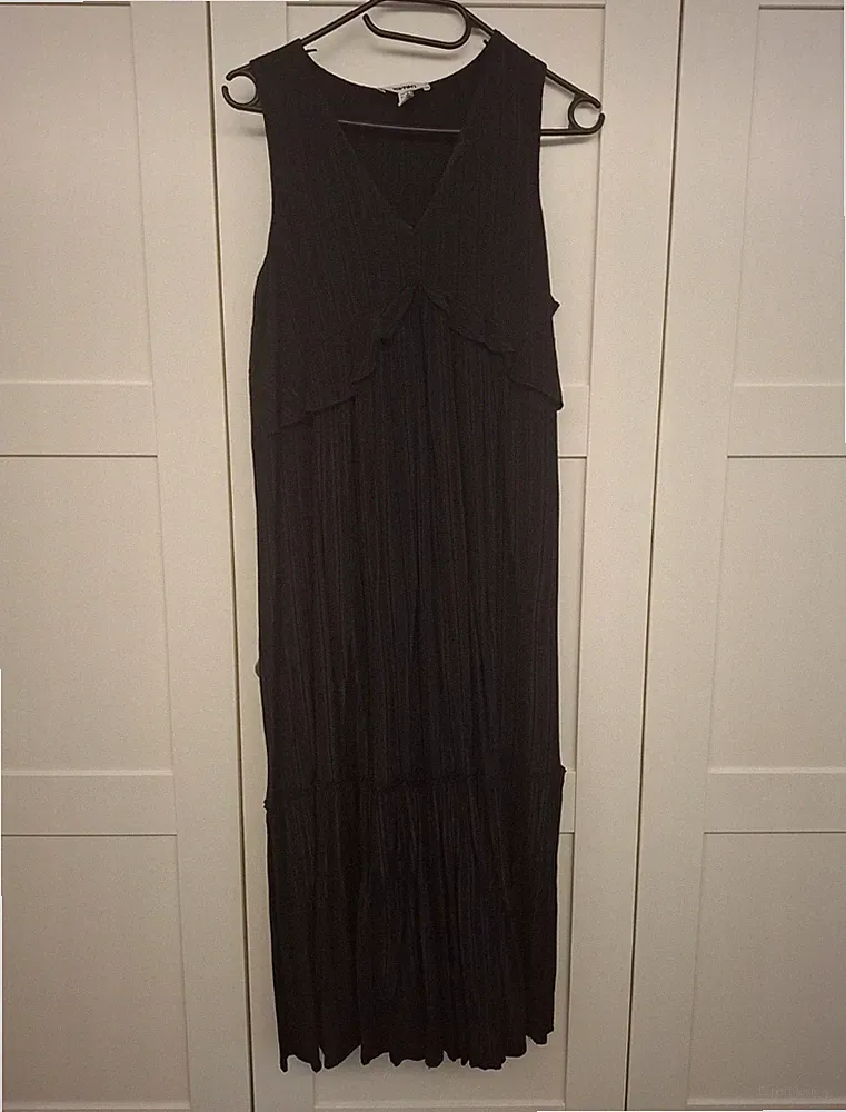 Damen A-Linien Kleid Midi schwarz Gr. 40 ärmellos V-Ausschnitt plissiert