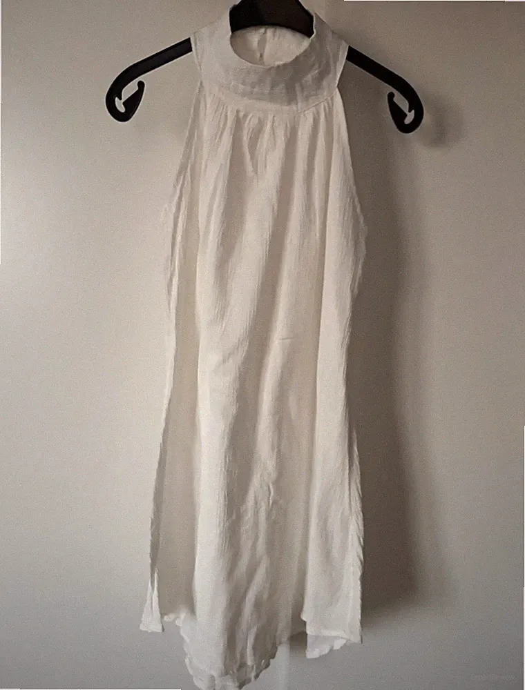 Damen A-Linien Kleid Midi Weiß GrS.-M Stehkragen Baumwoll 100%