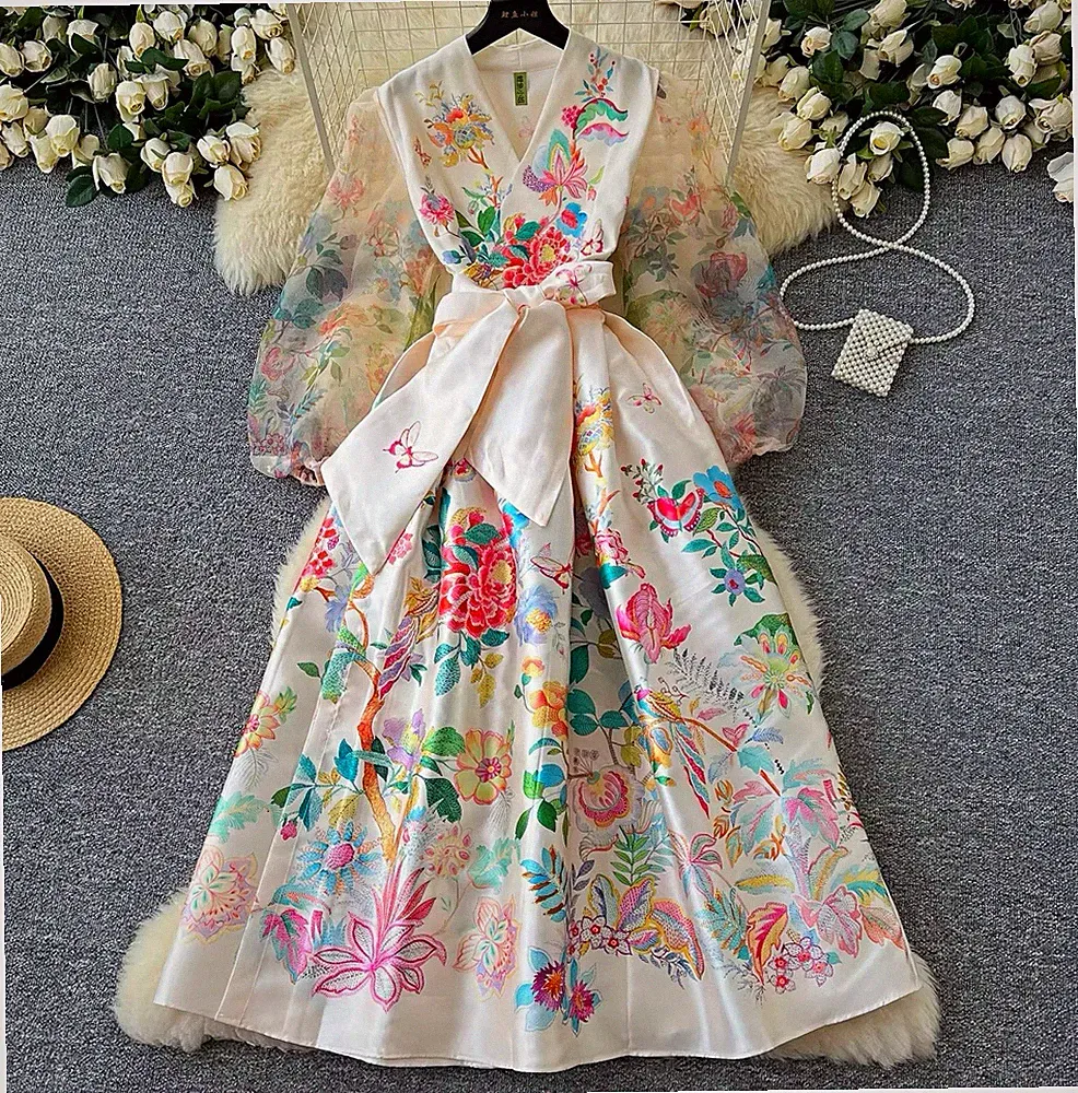 Damen A-Linien-Kleid Midi 2 XL Weiß/Mehrfarbig Blumen V-Ausschnitt Puffärmel