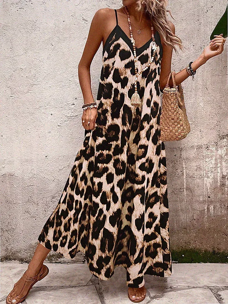 Damen A Linien Kleid mit Leopardenmuster für den Strand