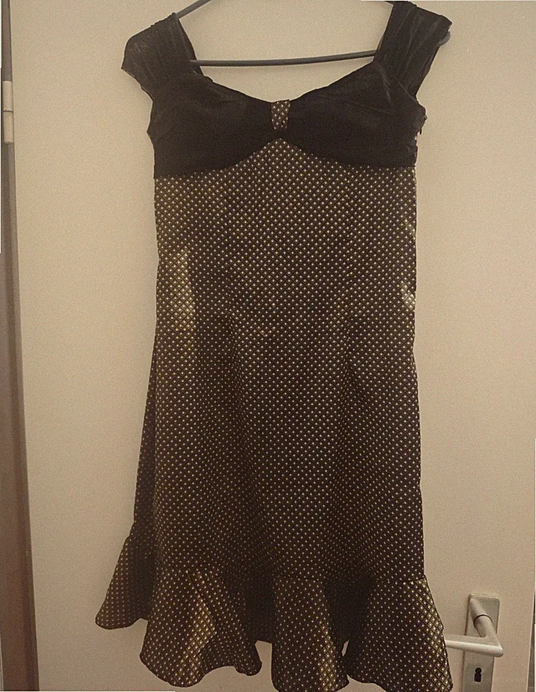 Damen A-Linien Kleid S/M Schwarz/Beige gepunktet Herzausschnitt Volant Kurz
