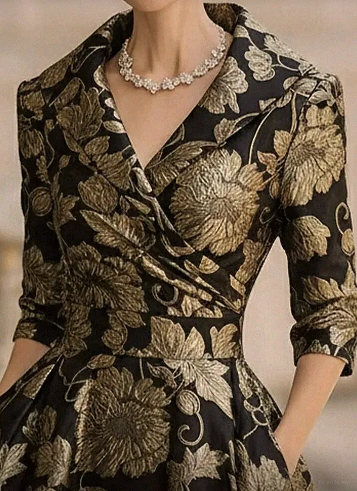 Damen A-Linien Midi-Kleid Satin Schwarz/Gold Blumen V-Ausschnitt 3/4 Ärmel 38