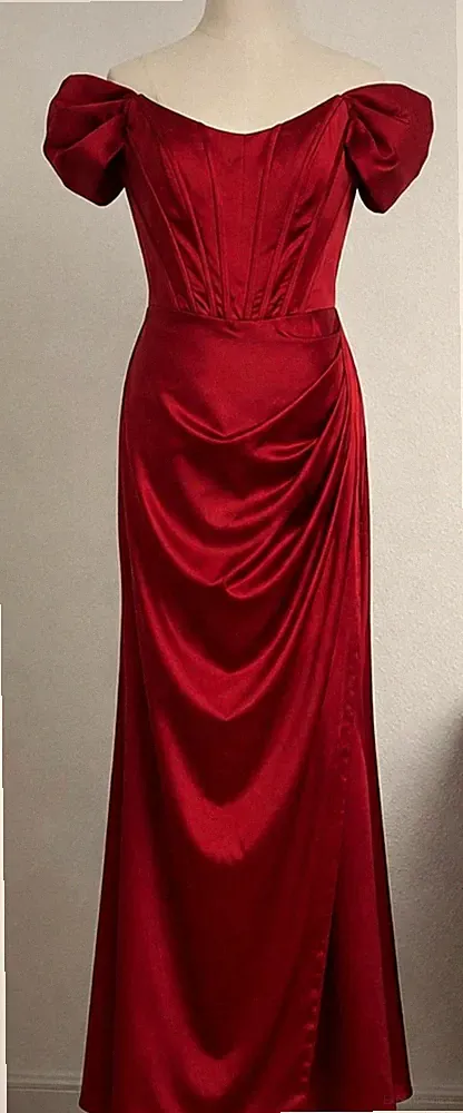 Damen Abendkleid lang Rot Satin Kurzarm Puffärmel Herz-Ausschnitt Raffung S