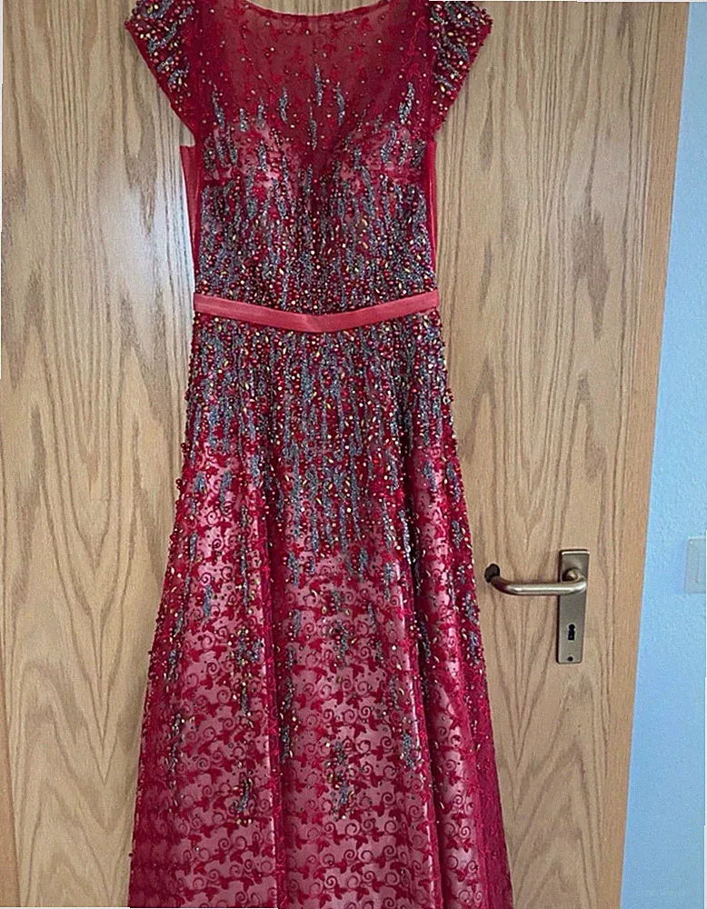 Damen Abendkleid lang rot XS/S Kurzarm Rundhals Perlen Pailletten Strass