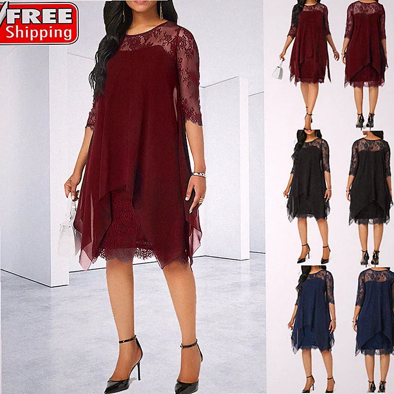 Damen Abendkleid Midi Cocktailkleid 3-in-1-Look Chiffon Partykleid Sommerkleid