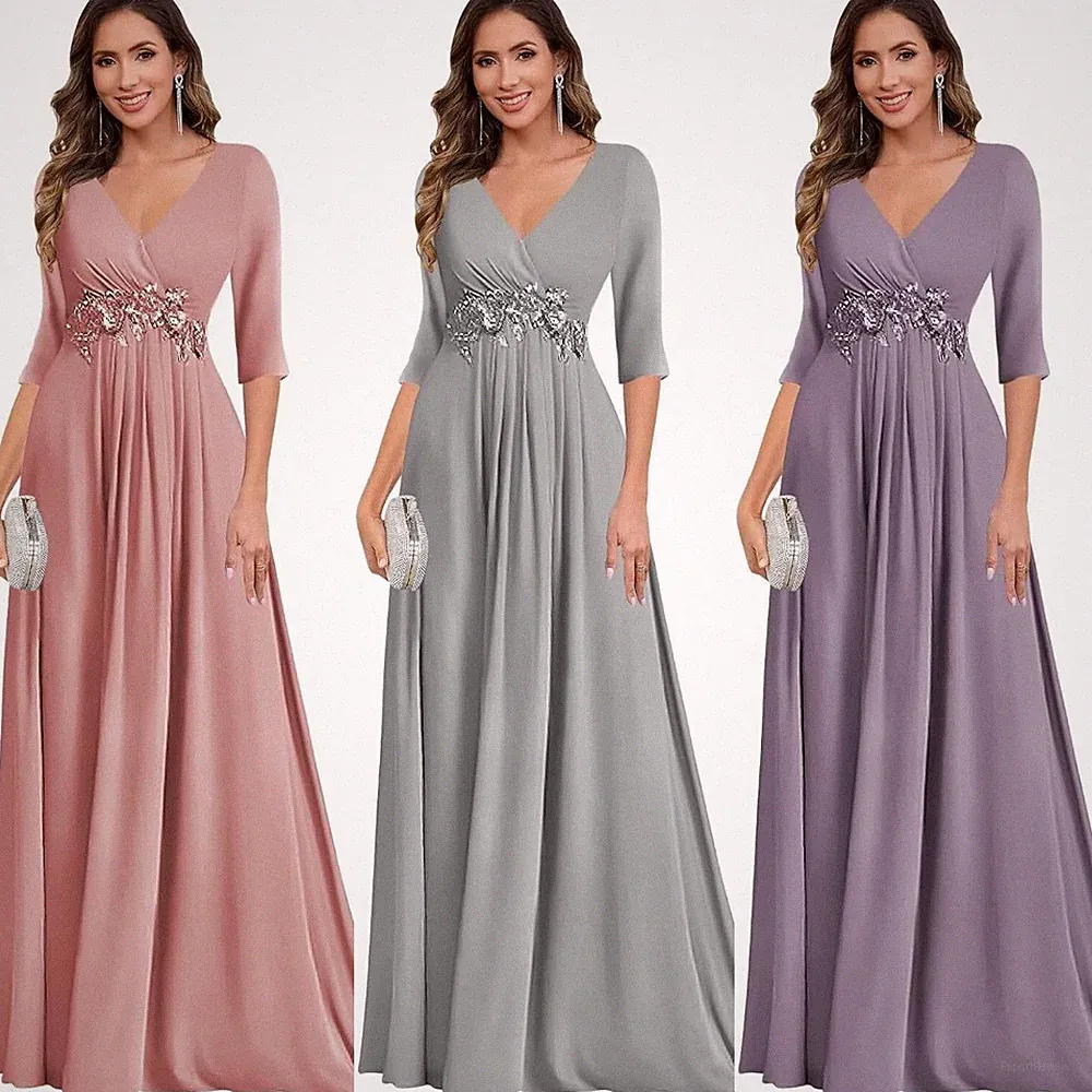 Damen Abendkleider V-Ausschnitt Brautmutterkleider Hochzeitsgast Kleid