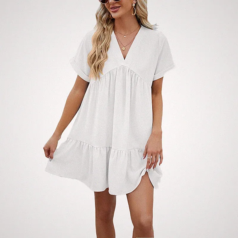 Damen Babydoll-Kleid mit V-Ausschnitt - fließender Empire-Taillenstil für den...