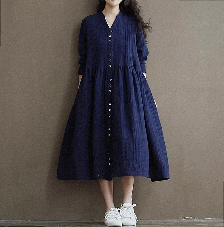 Damen Baumwoll Leinen Shirt Kleid Langarm Locker Lolita Fee Prinzessin A-Linie