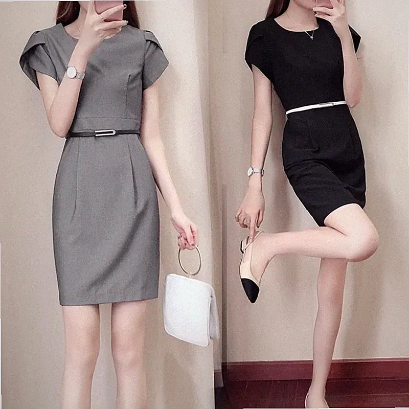 Damen Bleistift Kleid Formell Büro Kurzärmlig mit Gürtel Slim Fit Arbeit Basic