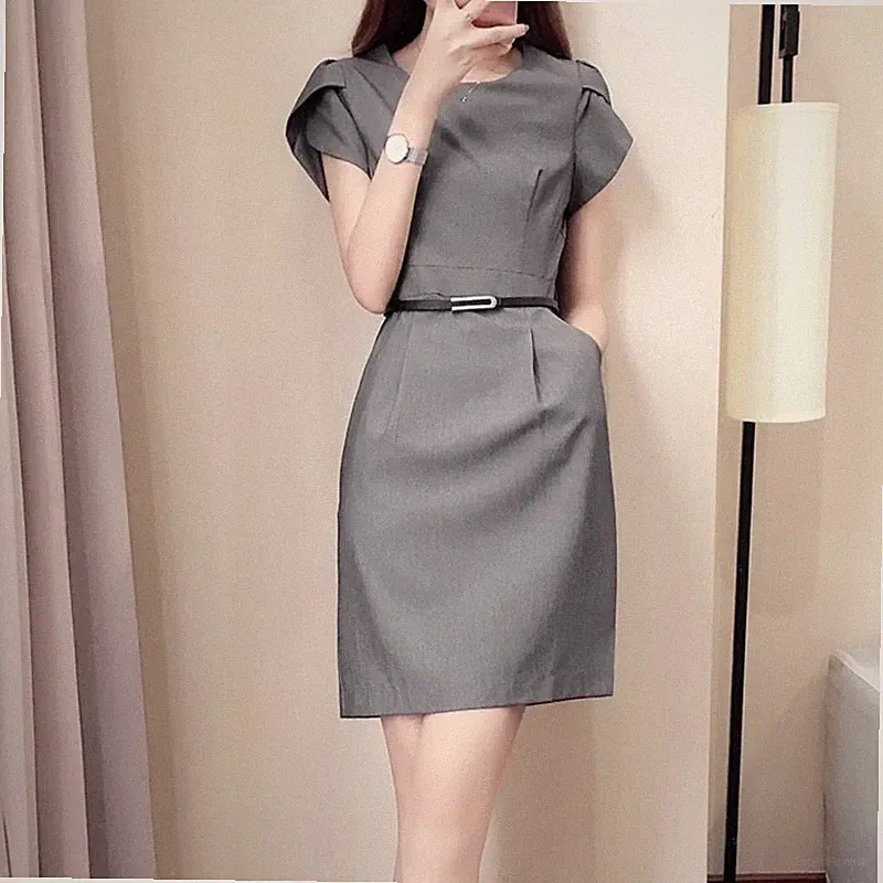 Damen Bleistiftkleid Formell Büro Kleider Kurzärmlig mit Gürtel Slim Fit Arbeit