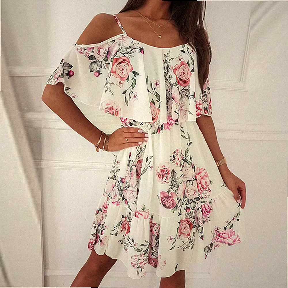 Damen Blumen A-Linie-kleid Sommerkleid Chiffon Kurzarm Schulterkleid Minikleid