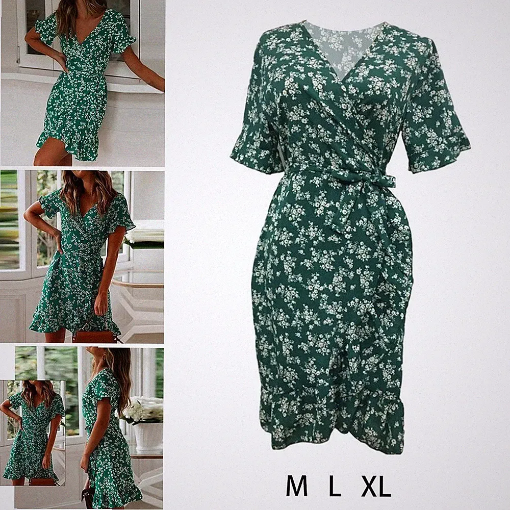 Damen Blumen A Linie Rüschen Knie Kleid Kurze ausgestellte Ärmel Kleidung