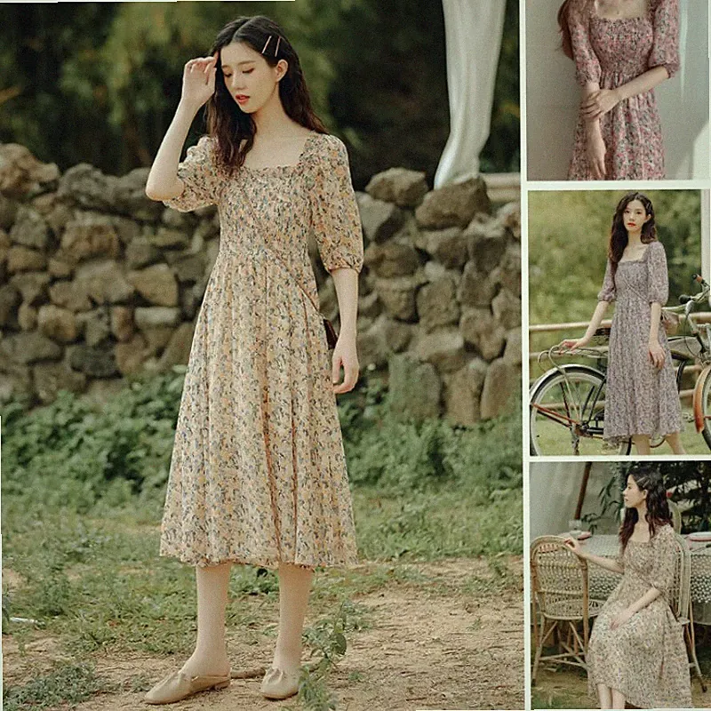 Damen Blumen Chiffon Langkleid Retro 3/4 Puff Ärmel Square Neck A-Linie
