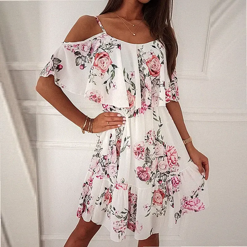 Damen Blumen Druck Kleid Sommer Spaghetti Strap Off Schulter Ärmellose Kleider*