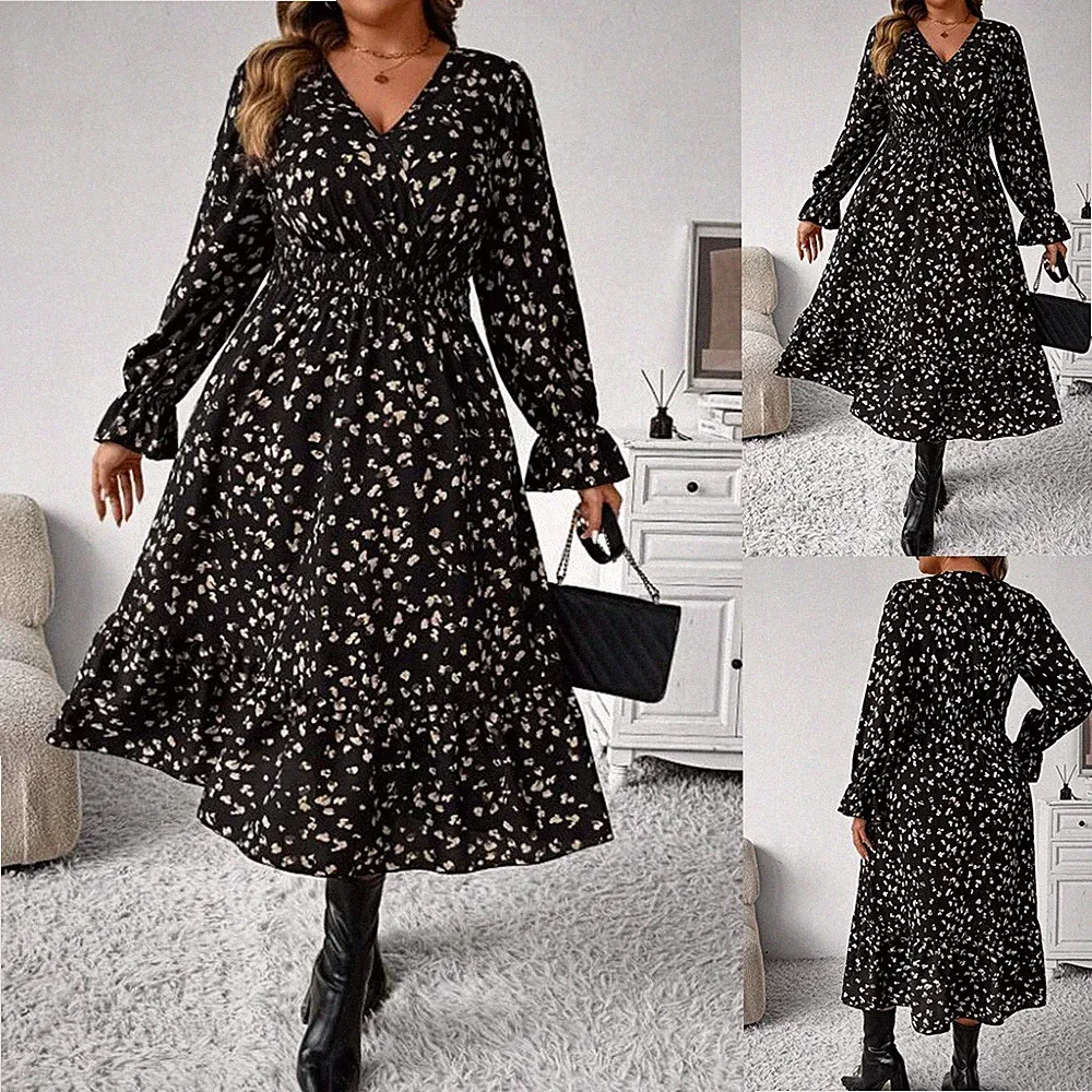 Damen Blumen Langarm Midikleid Freizeitkleid V-Neck A-Linie Reisekleid Übergröße