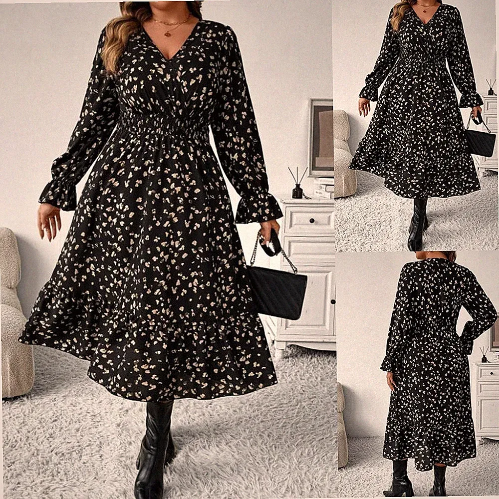 Damen Blumen Langarm Midikleid Freizeitkleid V-Neck A-Linie Reisekleid Übergröße