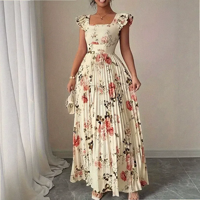Damen Blumen Maxikleid Mit Herzförmigem Ausschnitt Rüschen Ärmel A-Linie Boho
