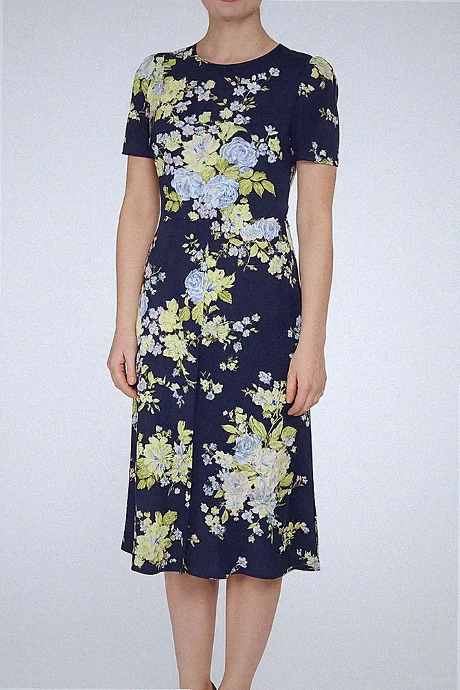 Damen Blumen Midikleid dunkelblau Sommer Party Hochzeit Gast Tee Swing Retro