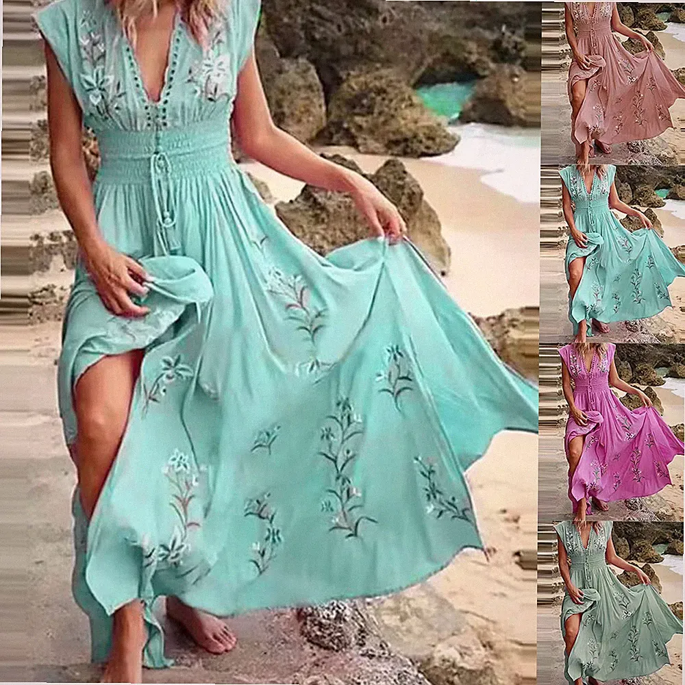 Damen Blumen Strandkleid Boho Sommerkleid V-Neck Freizeitkleid A-Linie-Kleid NEU