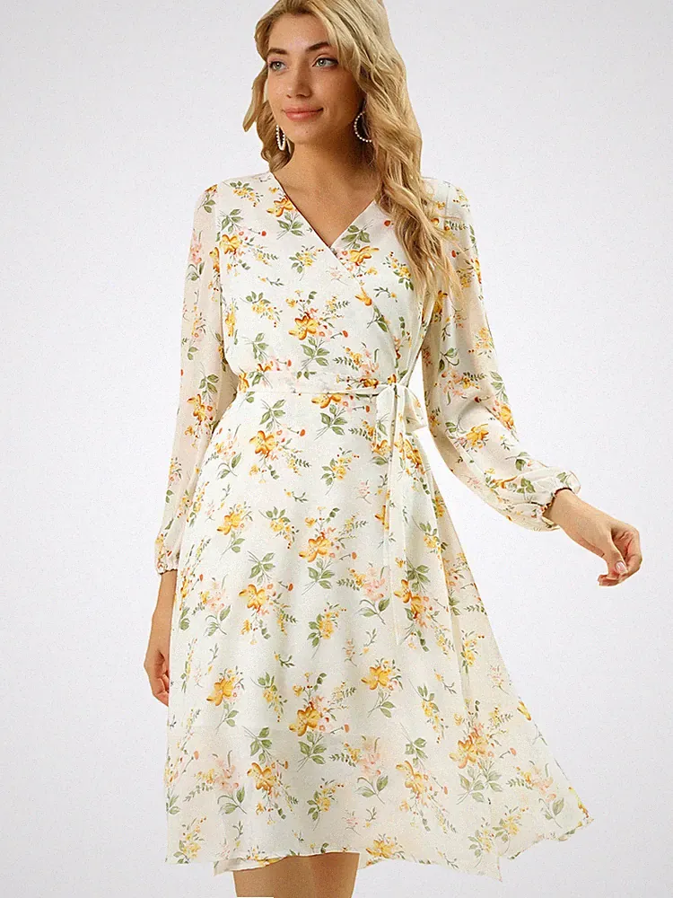 Damen Blumen Umschlag V-Ausschnitt Langarm Split fließender Strand Midi Kleid
