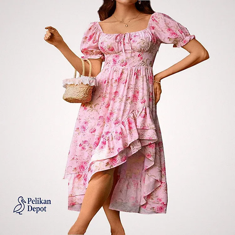 Damen Blumenkleid A-Linie Puffärmel Corsagenkleid Sommer Viktorian