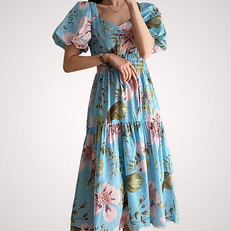 Damen Blumenmuster Eckiger Ausschnitt Tee Kleid Hohe Taille Quaste Kurzärmelig