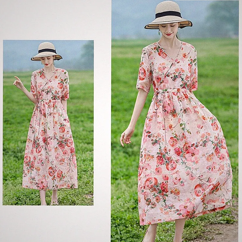 Damen Blumenmuster Kleid Kurzarm Chinesisches Ethno Kordel Qipao A-Linie