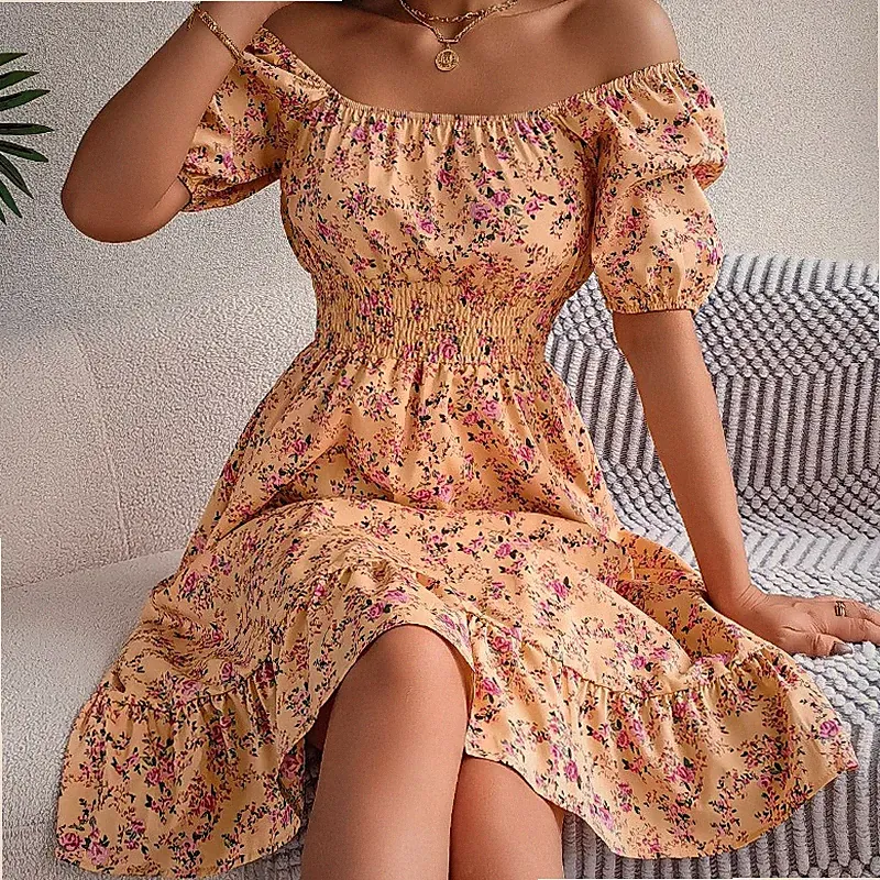 Damen Blumenmuster Midi Kleid Puffärmel Schulterfrei Rüschen Boho Sommer Strand