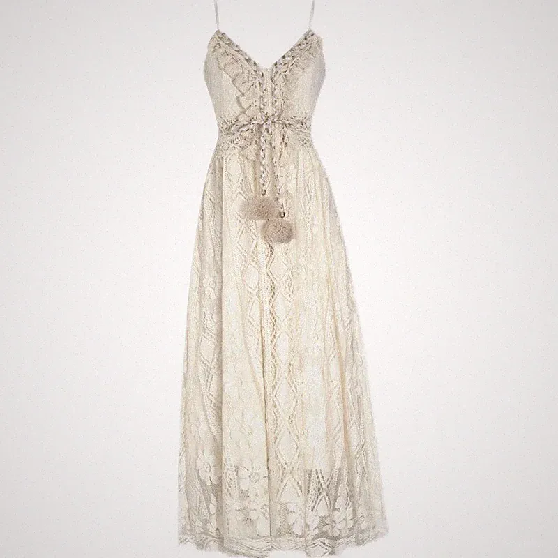 Damen Bohème Vintage Spitzenkleid V-Ausschnitt Träger Strand Midi Beige Quaste