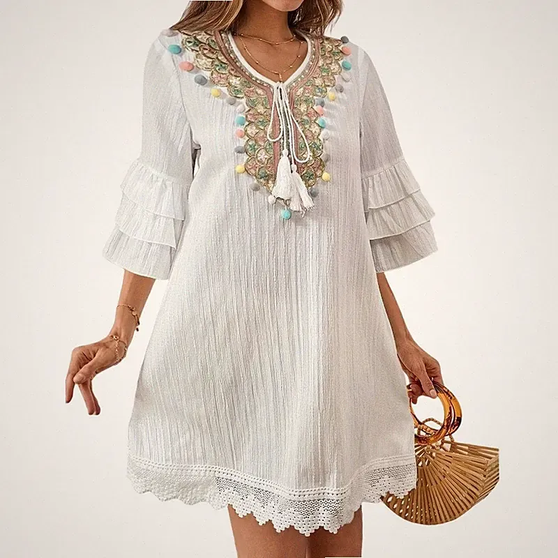 Damen Boho Bestickt Quasten Minikleid V Ausschnitt Abgestuft Ärmel Strand Rüsche