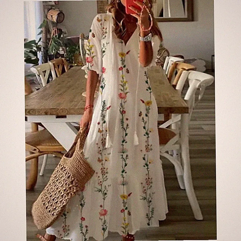 Damen Boho Maxikleid Sommerkleid Blumen Freizeitkleid Langkleid Lose Tunikakleid