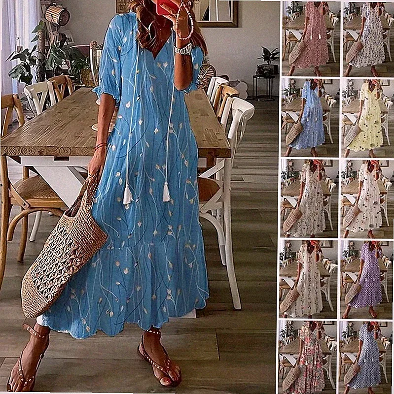 Damen Boho Maxikleid Sommerkleid Blumen Freizeitkleid Langkleid Lose Tunikakleid