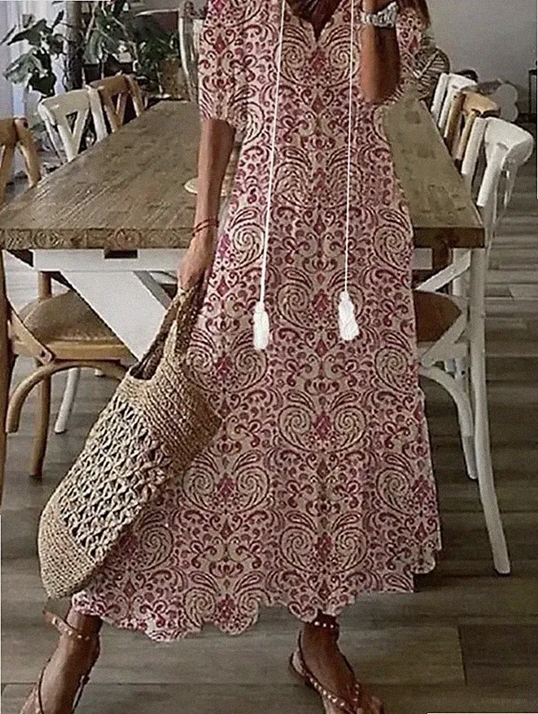 Damen Boho Maxikleid Sommerkleid Freizeitkleid Lose Leicht Tunikakleid Gr. 3xl