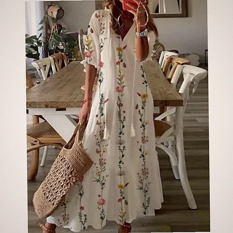 Damen Boho Maxikleid Strandkleid Blumen Freizeitkleid Langkleid Lose Tunikakleid