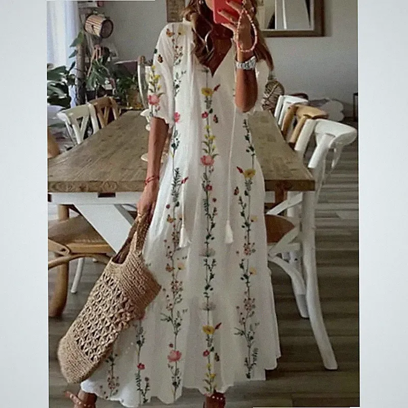 Damen Boho Sommer Maxikleid mit Blumenmuster, lockeres Freizeit Langkleid