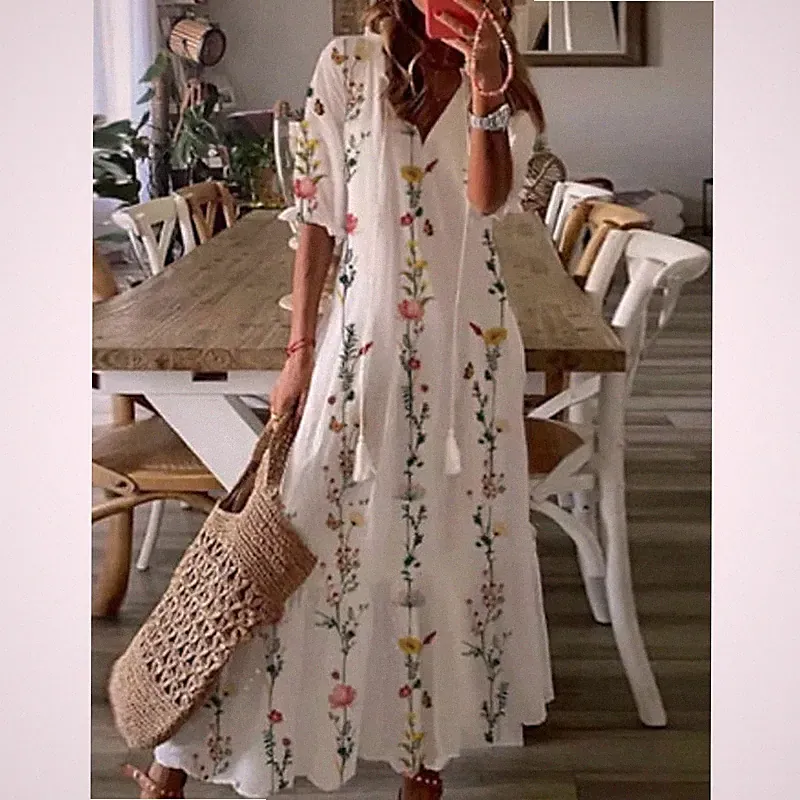 Damen Boho Sommerkleid lang - Lockeres Tunikakleid mit Blumenmotiv