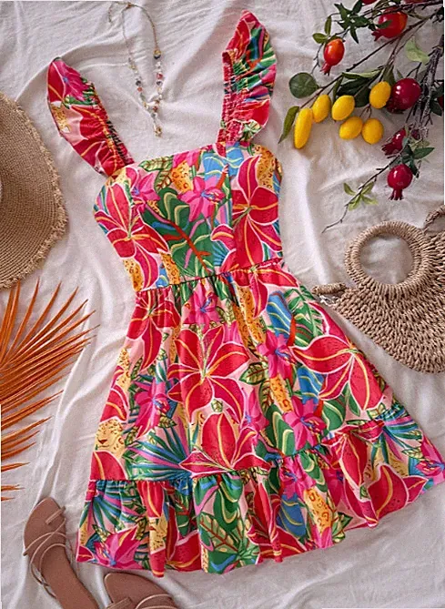 Damen Boho-Tropisches Blumenmuster A-Linien-Kleid mit Rüschen-Saum, Minikleid