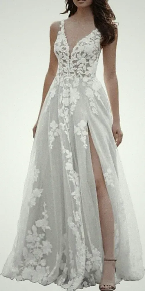 Damen Brautkleider Spitze Hochzeitskleid mit Schlitz V-Ausschnitt Ärmello
