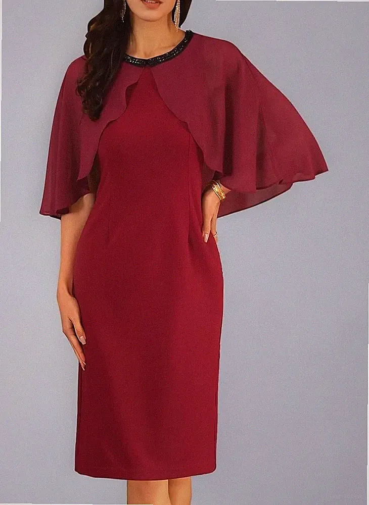 Damen Burgunderrot Chiffon Cape Kleid Perlen Hochzeitsgast