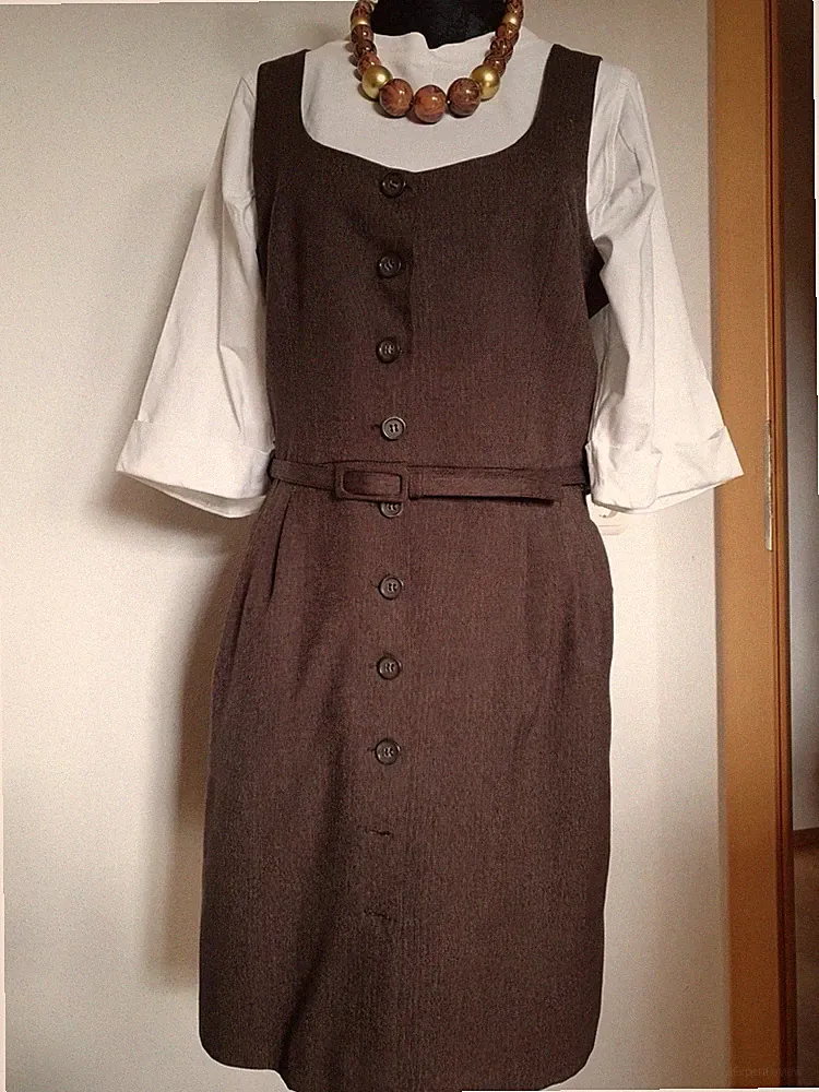 Damen Business Träger Kleid Gr 38 S Braun Knielang Mit Knopfleiste